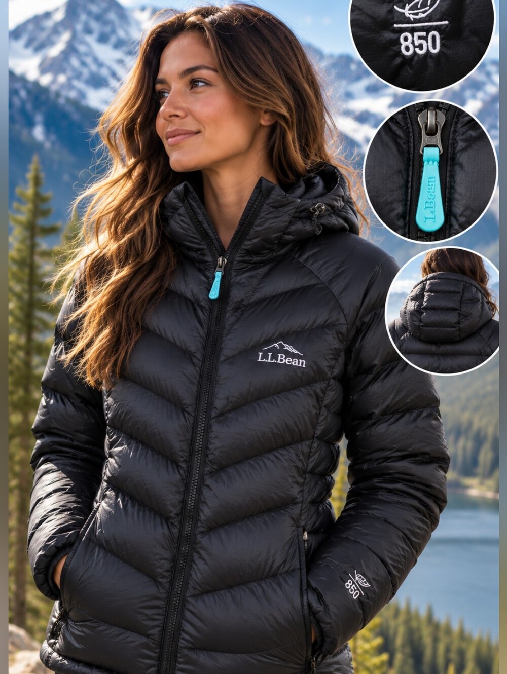 L.L.Bean 850 DownTek Pertex Quantum Hooded Down Puffer Jacket XS Black